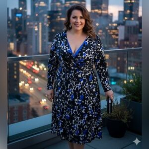 Jessica Howard Long-Sleeve, Midi, Black & Blue Floral Swing Dress Size 20W, EUC